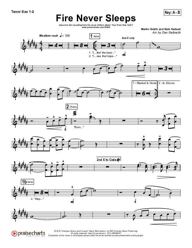 Fire Never Sleeps Tenor Sax 1/2 (Martin Smith / Jesus Culture)