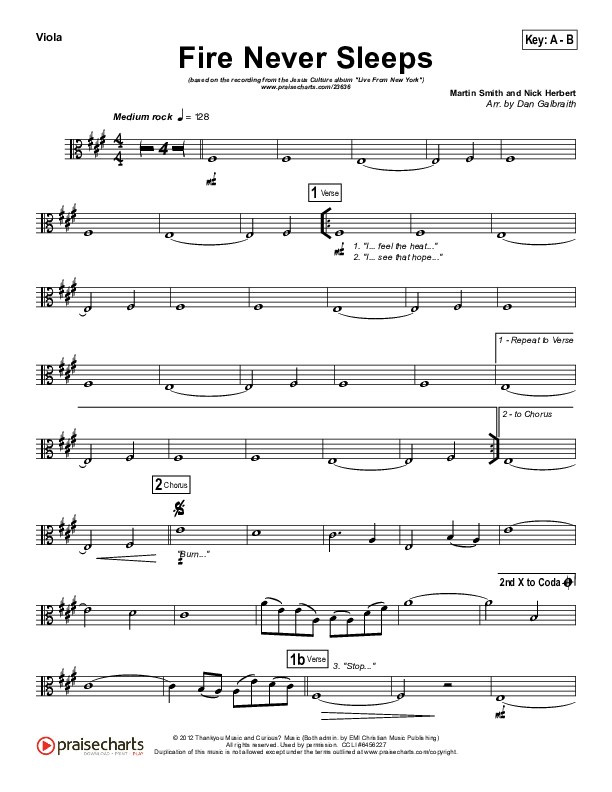 Fire Never Sleeps Viola (Martin Smith / Jesus Culture)