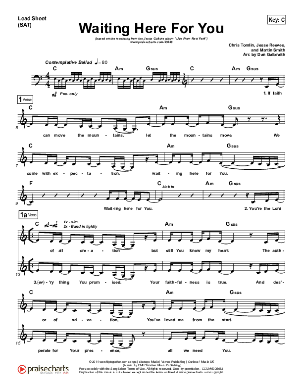 Waiting Here For You Lead Sheet (SAT) (Martin Smith / Jesus Culture)