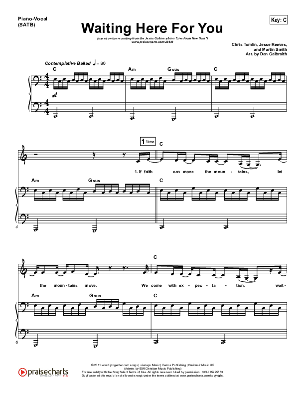 Waiting Here For You Piano/Vocal (SATB) (Martin Smith / Jesus Culture)