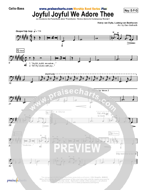 Joyful Joyful We Adore Thee Cello/Bass (PraiseCharts Band / Arr. Daniel Galbraith)