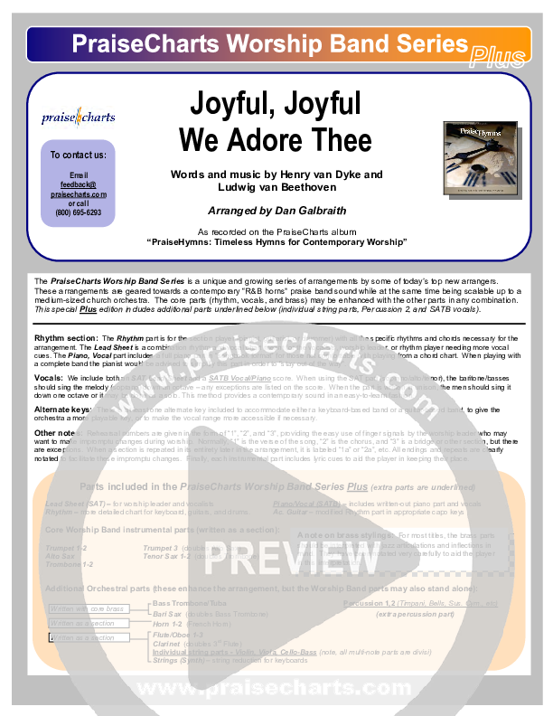 Joyful Joyful We Adore Thee Cover Sheet (PraiseCharts Band / Arr. Daniel Galbraith)