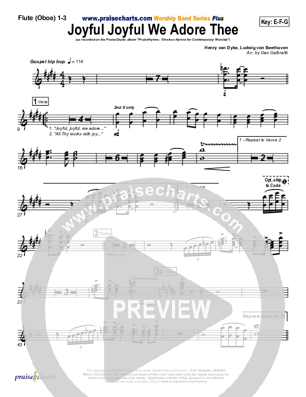 Joyful Joyful We Adore Thee Flute/Oboe 1/2/3 (PraiseCharts Band / Arr. Daniel Galbraith)