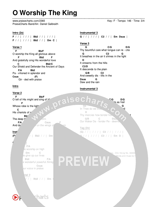 O Worship The King Chords & Lyrics (PraiseCharts Band / Arr. Daniel Galbraith)