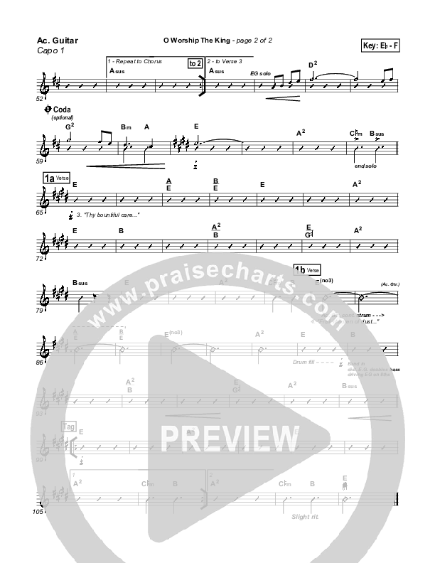 O Worship The King Acoustic Guitar (PraiseCharts Band / Arr. Daniel Galbraith)