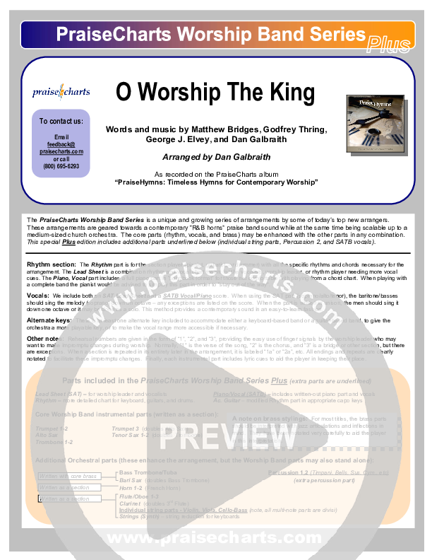 O Worship The King Cover Sheet (PraiseCharts Band / Arr. Daniel Galbraith)