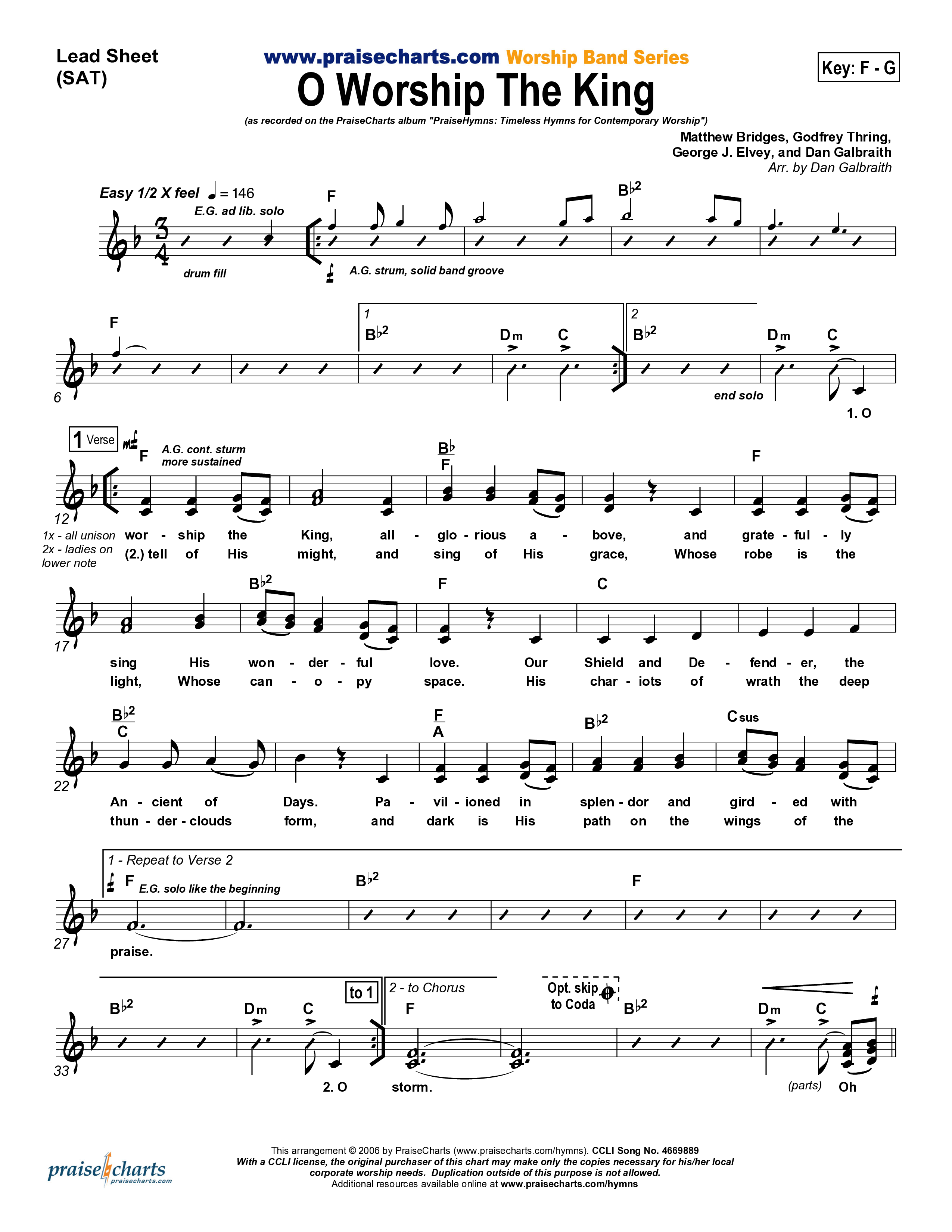 O Worship The King Lead Sheet (SAT) (PraiseCharts Band / Arr. Daniel Galbraith)