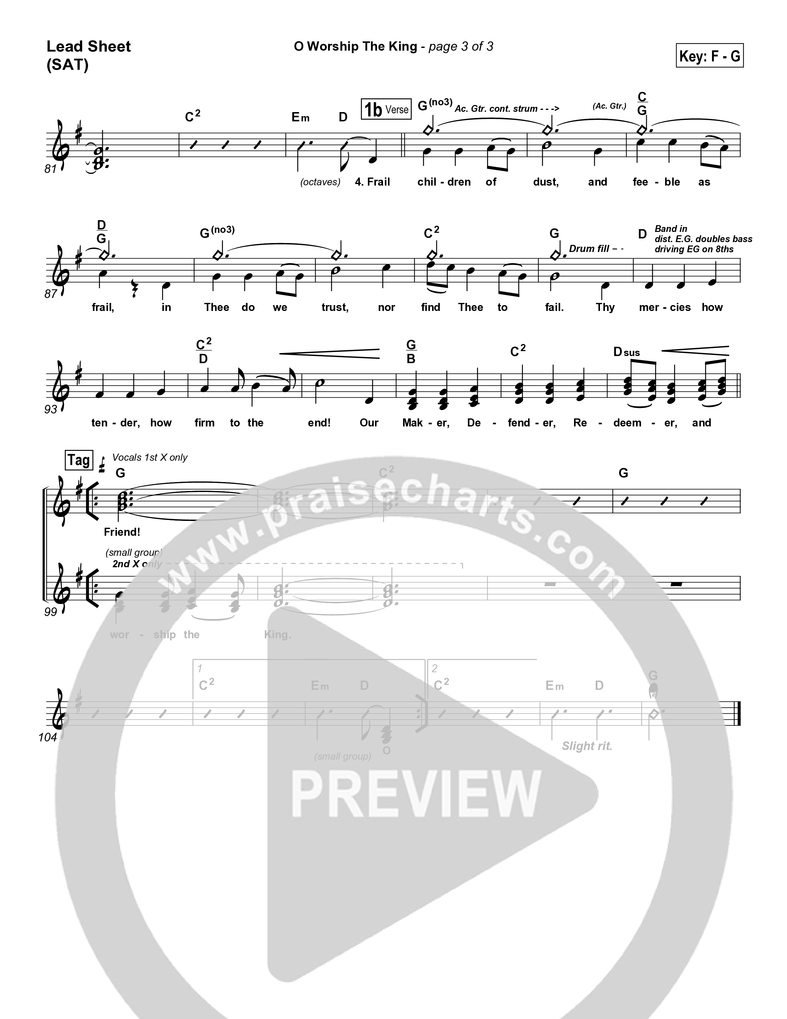 O Worship The King Lead Sheet (SAT) (PraiseCharts Band / Arr. Daniel Galbraith)