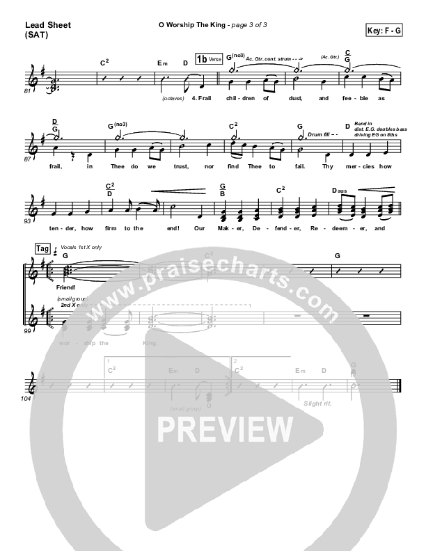 O Worship The King Lead Sheet (PraiseCharts Band / Arr. Daniel Galbraith)