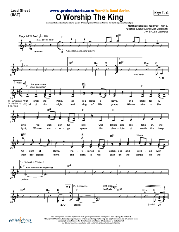 O Worship The King Lead Sheet (SAT) (PraiseCharts Band / Arr. Daniel Galbraith)