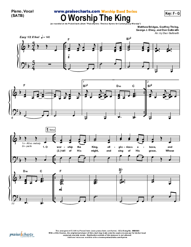O Worship The King Piano/Vocal & Lead (PraiseCharts Band / Arr. Daniel Galbraith)