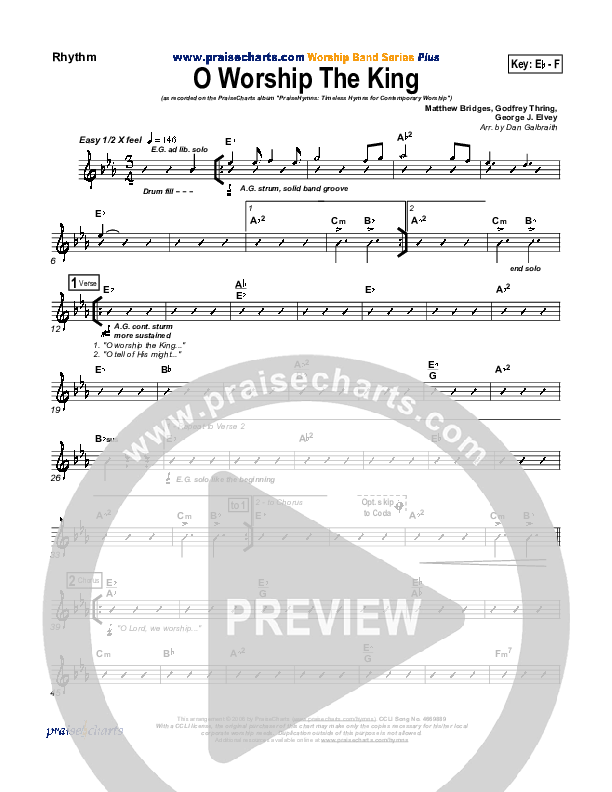 O Worship The King Rhythm Chart (PraiseCharts Band / Arr. Daniel Galbraith)