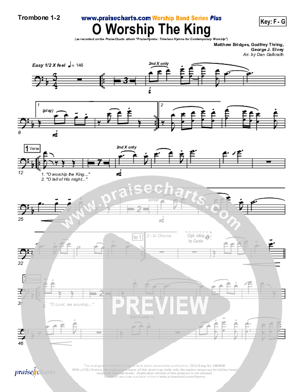 O Worship The King Trombone 1/2 (PraiseCharts Band / Arr. Daniel Galbraith)