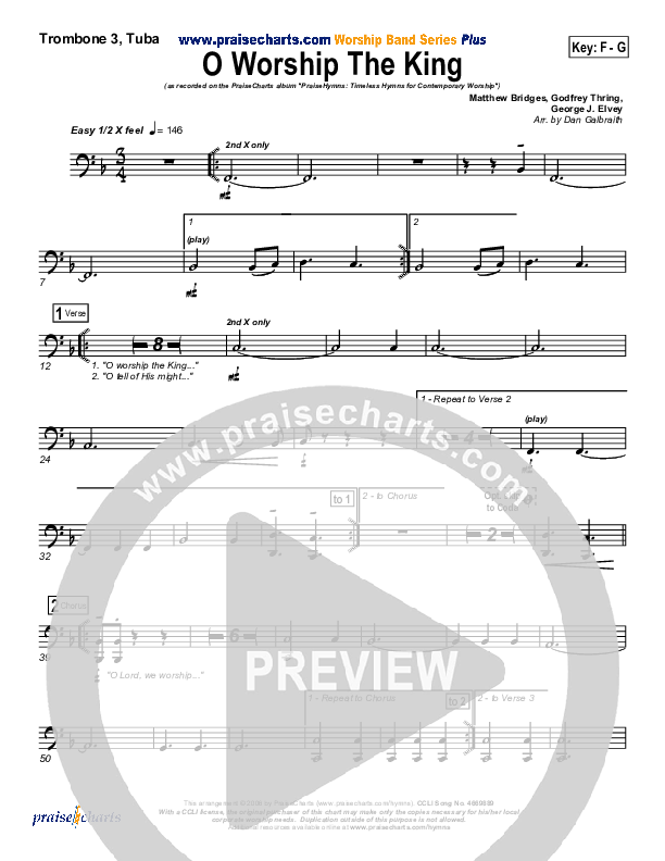 O Worship The King Trombone 3/Tuba (PraiseCharts Band / Arr. Daniel Galbraith)