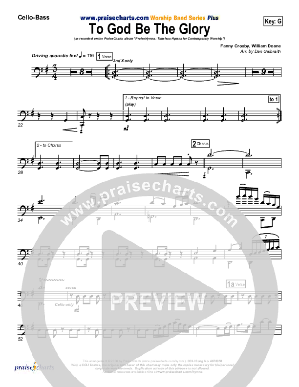 To God Be The Glory Cello/Bass (PraiseCharts Band / Arr. Daniel Galbraith)