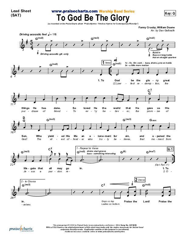 To God Be The Glory Lead Sheet (SAT) (PraiseCharts Band / Arr. Daniel Galbraith)
