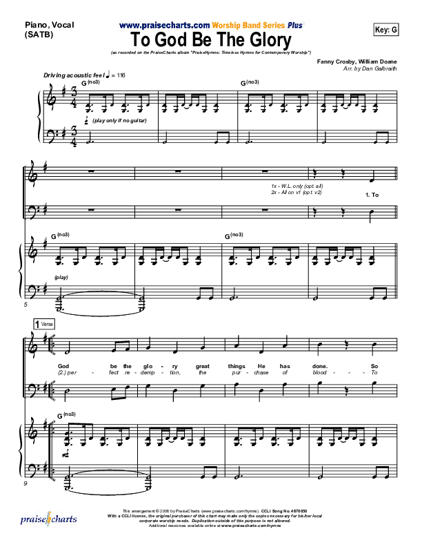 To God Be The Glory Piano/Vocal (PraiseCharts Band / Arr. Daniel Galbraith)