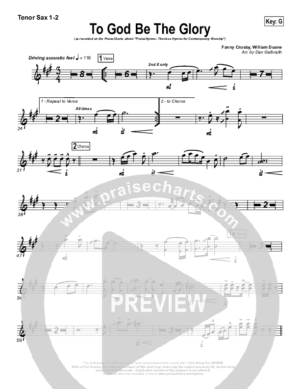 To God Be The Glory Tenor Sax 1/2 (PraiseCharts Band / Arr. Daniel Galbraith)