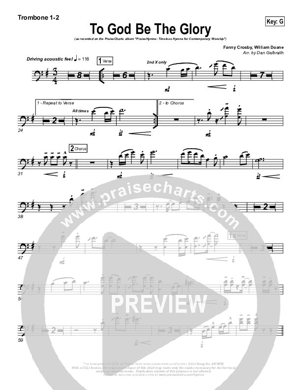 To God Be The Glory Trombone 1/2 (PraiseCharts Band / Arr. Daniel Galbraith)