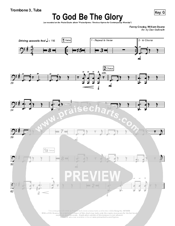To God Be The Glory Trombone 3/Tuba (PraiseCharts Band / Arr. Daniel Galbraith)