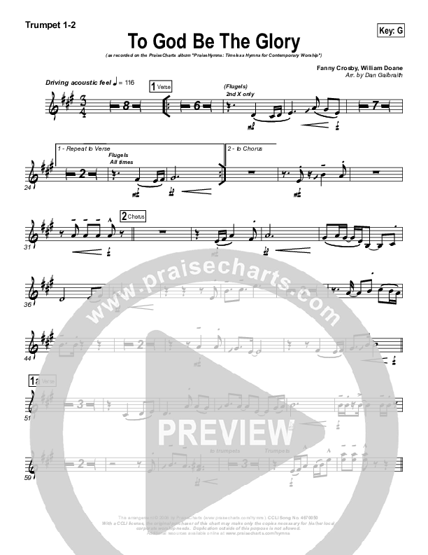 To God Be The Glory Trumpet 1,2 (PraiseCharts Band / Arr. Daniel Galbraith)