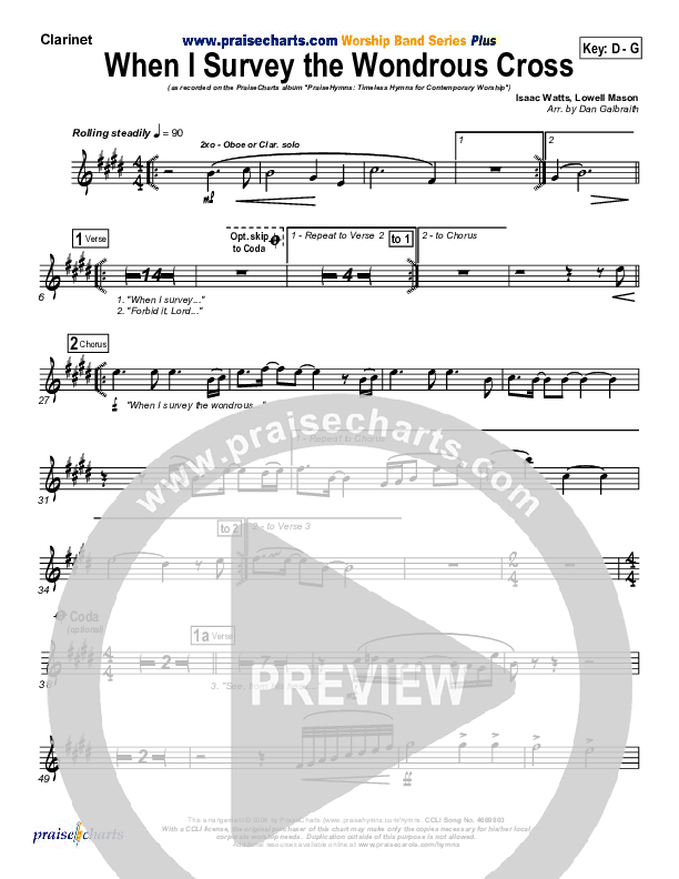 When I Survey The Wondrous Cross Clarinet (PraiseCharts Band / Kari Jobe / Arr. Daniel Galbraith)