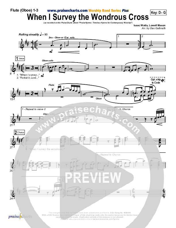 When I Survey The Wondrous Cross Flute/Oboe 1/2/3 (PraiseCharts Band / Kari Jobe / Arr. Daniel Galbraith)