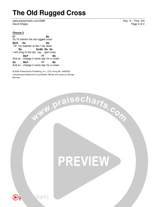 The Old Rugged Cross Chords & Lyrics (Traditional Hymn / PraiseCharts)