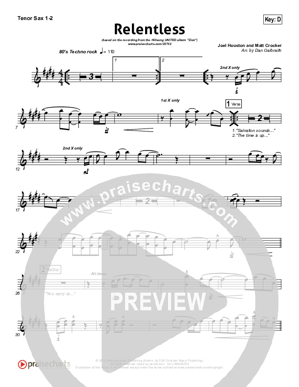 Relentless Tenor Sax 1/2 (Hillsong UNITED)