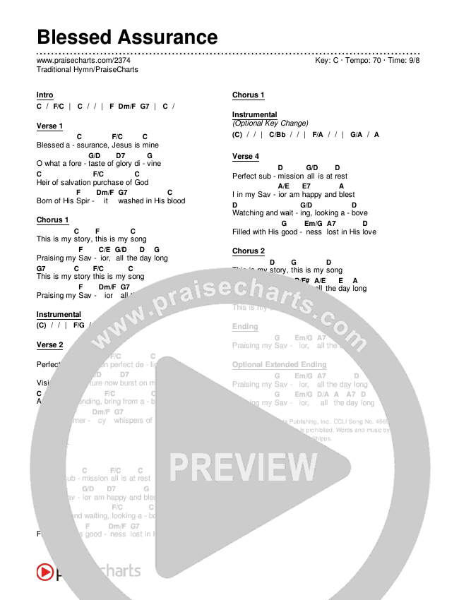 Blessed Assurance Chords & Lyrics (Traditional Hymn / PraiseCharts)