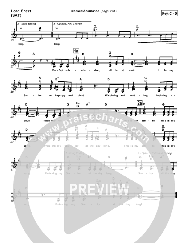 Blessed Assurance Lead Sheet (SAT) (Traditional Hymn / PraiseCharts)