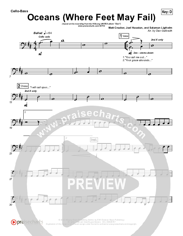 Oceans (Where Feet May Fail) Cello/Bass (Hillsong UNITED / TAYA)