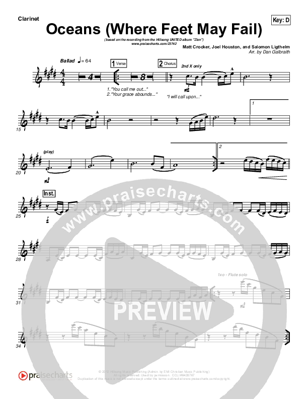 Oceans (Where Feet May Fail) Clarinet (Hillsong UNITED / TAYA)