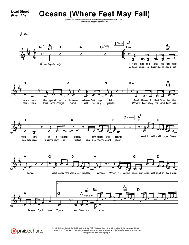Oceans (Where Feet May Fail) Lead Sheet (Melody) (Hillsong UNITED / TAYA)