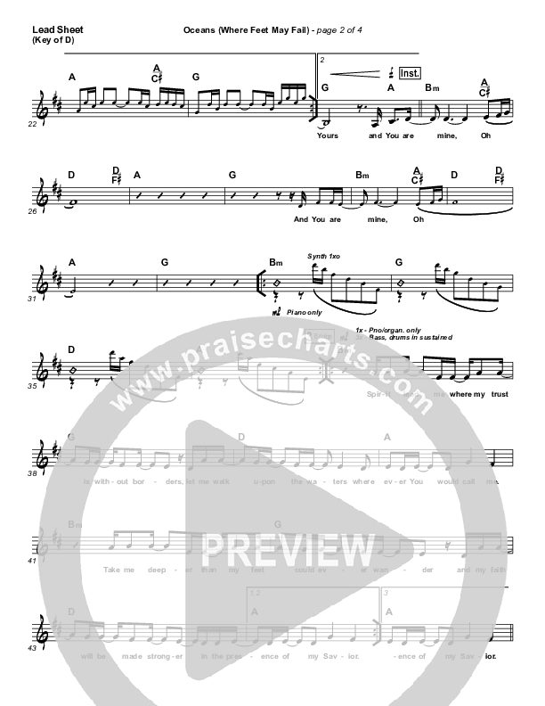 Oceans (Where Feet May Fail) Lead Sheet (Melody) (Hillsong UNITED / TAYA)