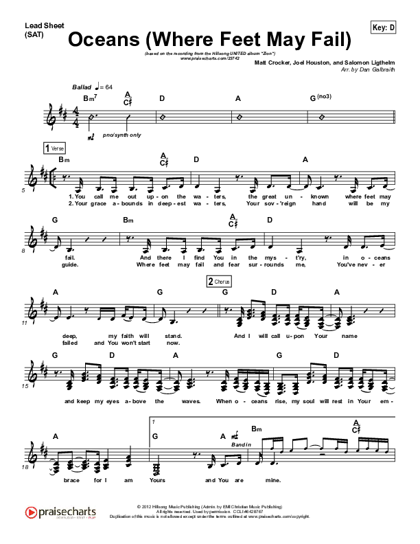 Oceans (Where Feet May Fail) Lead Sheet (SAT) (Hillsong UNITED / TAYA)