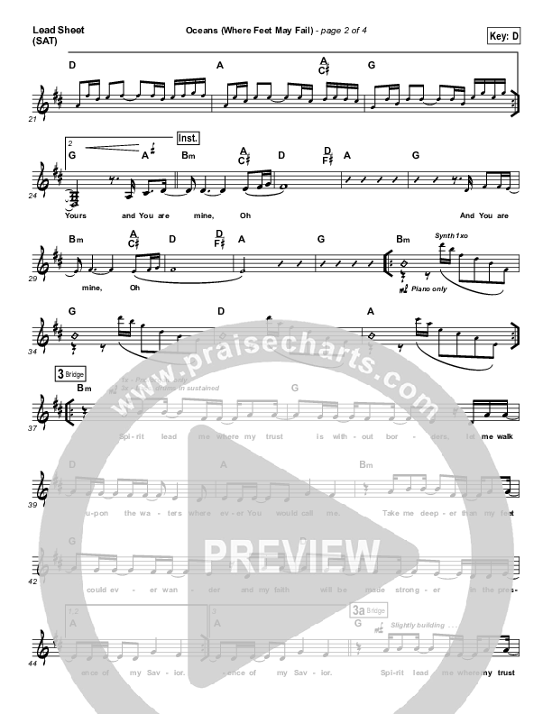 Oceans (Where Feet May Fail) Lead Sheet (SAT) (Hillsong UNITED / TAYA)
