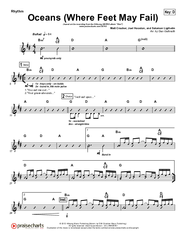 Oceans (Where Feet May Fail) Rhythm Chart (Hillsong UNITED / TAYA)