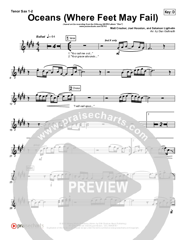 Oceans (Where Feet May Fail) Tenor Sax 1/2 (Hillsong UNITED / TAYA)