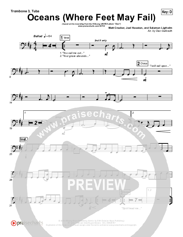 Oceans (Where Feet May Fail) Trombone 3/Tuba (Hillsong UNITED / TAYA)