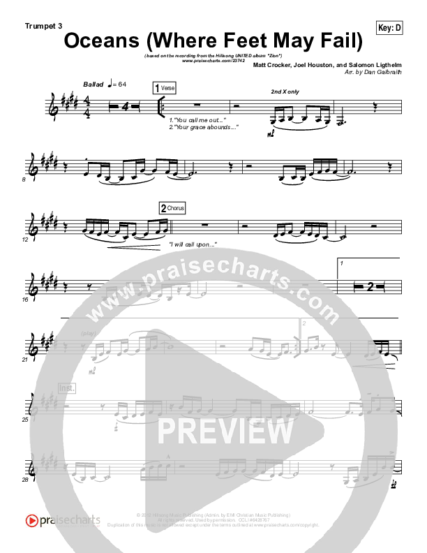 Oceans (Where Feet May Fail) Trumpet 3 (Hillsong UNITED / TAYA)