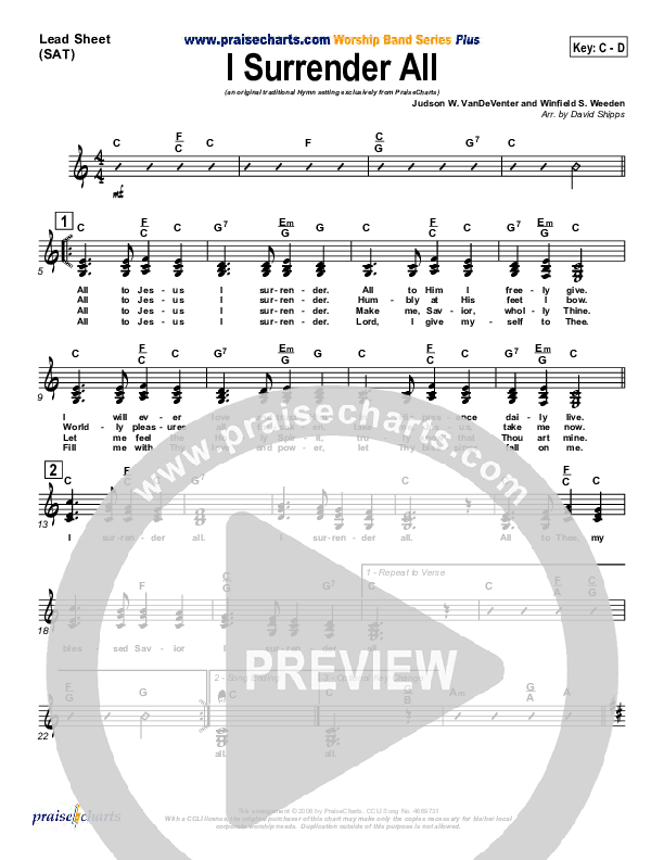 I Surrender All Lead Sheet (SAT) (Traditional Hymn / PraiseCharts)