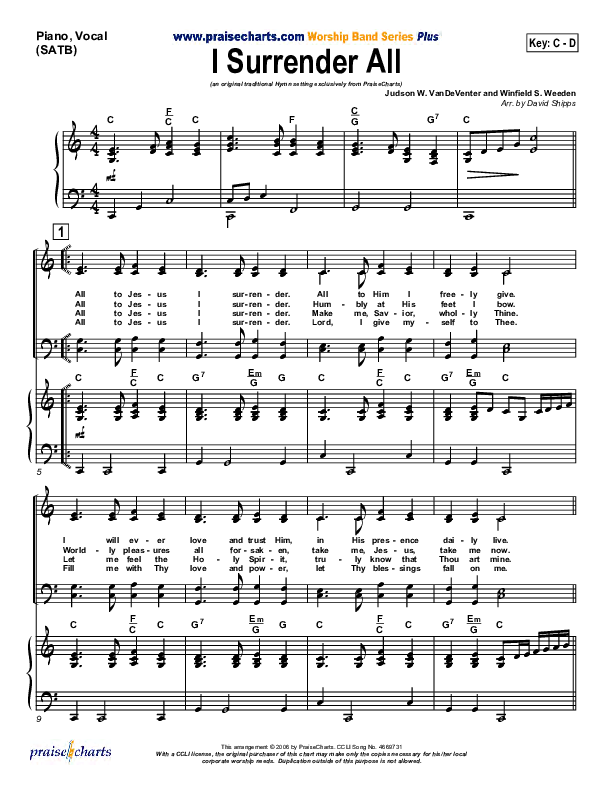 I Surrender All Piano/Vocal (SATB) (Traditional Hymn / PraiseCharts)