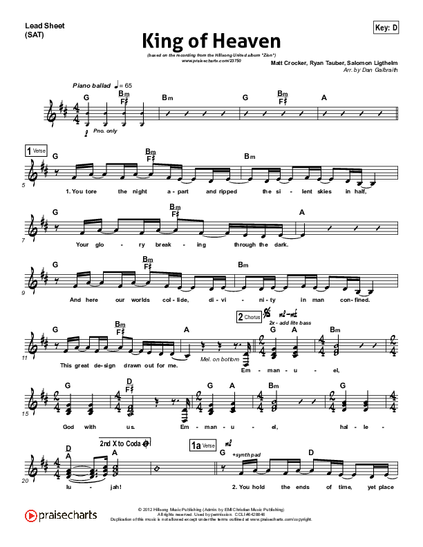 King Of Heaven Lead Sheet (SAT) (Hillsong UNITED)