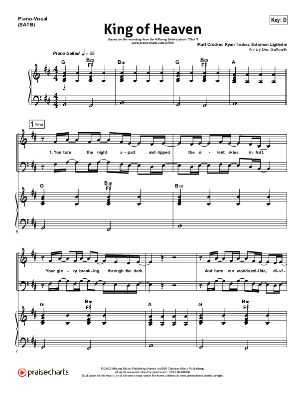 King Of Heaven Piano/Vocal (SATB) (Hillsong UNITED)