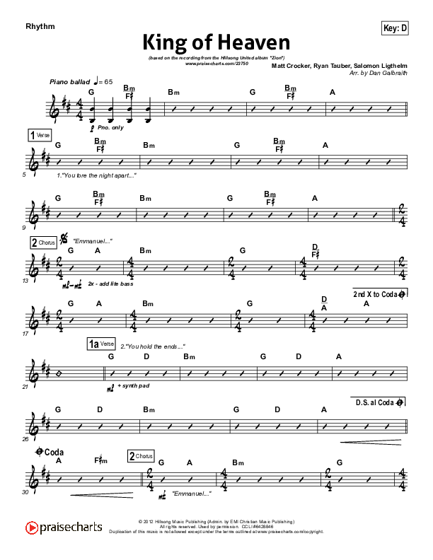 King Of Heaven Rhythm Chart (Hillsong UNITED)