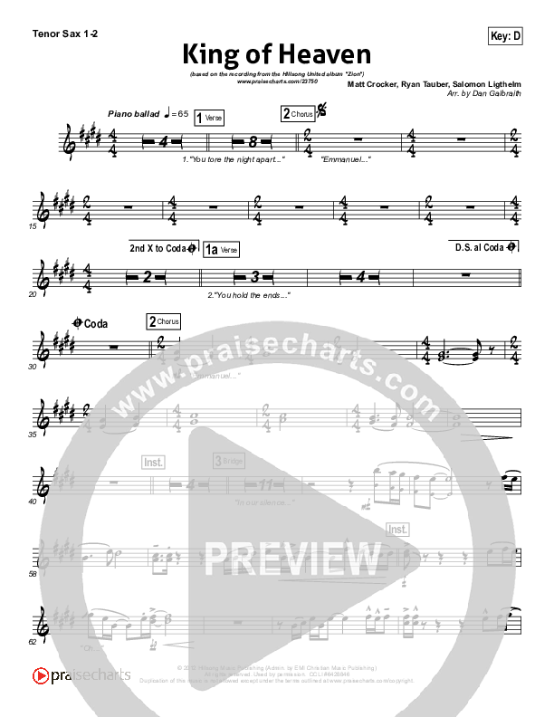 King Of Heaven Tenor Sax 1/2 (Hillsong UNITED)