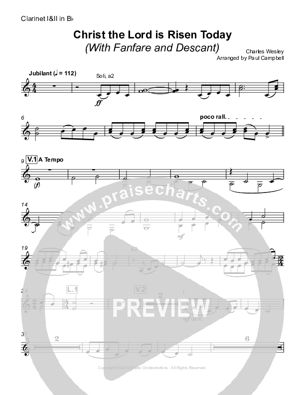 Christ The Lord Is Risen Today (with Fanfare and Descant) Clarinet 1/2 (Paul Campbell)