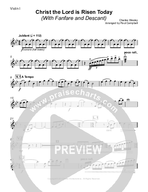 Christ The Lord Is Risen Today (with Fanfare and Descant) Violin 1 (Paul Campbell)