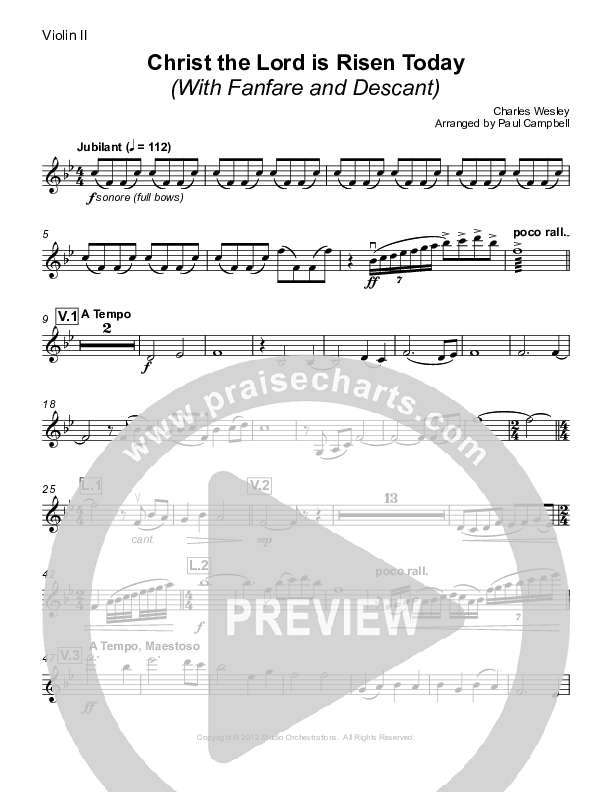 Christ The Lord Is Risen Today (with Fanfare and Descant) Violin 2 (Paul Campbell)